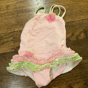 Girls pink and green gingham swimsuit